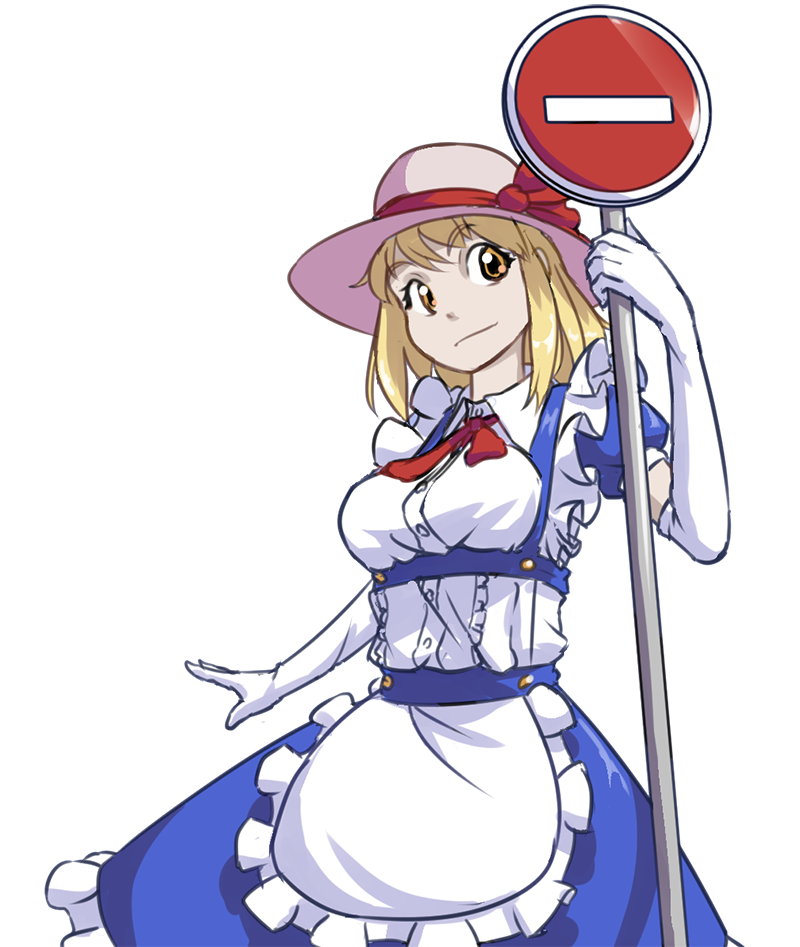 1girl adapted_costume apron blonde_hair blue_dress breasts center_frills collared_shirt cowboy_shot david_hrusa dress elbow_gloves frilled_apron frilled_dress frills gloves hat hat_ribbon holding holding_sign medium_breasts puffy_short_sleeves puffy_sleeves red_ribbon ribbon road_sign shirt short_hair short_sleeves sign simple_background sun_hat touhou touhou_(pc-98) waist_apron white_apron white_background white_gloves white_headwear white_shirt yellow_eyes