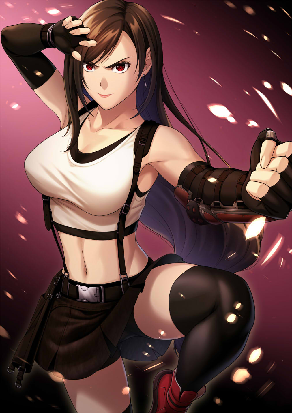 1girl arm_up bangs bike_shorts black_gloves black_legwear black_skirt breasts brown_hair cleavage closed_mouth collarbone crop_top day earrings elbow_gloves final_fantasy final_fantasy_vii final_fantasy_vii_remake fingerless_gloves gloves gradient gradient_background hand_on_own_head highres jewelry large_breasts long_hair looking_at_viewer miniskirt navel pose red_eyes red_footwear shoes shorts shorts_under_skirt skirt sleeveless solo standing standing_on_one_leg stomach suspender_skirt suspenders swept_bangs thighhighs tifa_lockhart very_long_hair zaregoto_tsukai_no_deshi