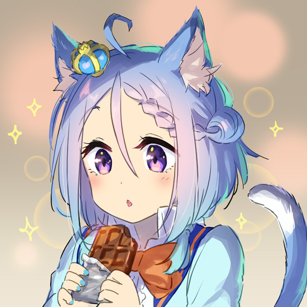 1girl ahoge animal_ear_fluff animal_ears blue_dress blue_hair blue_nails blush bow bow_dress braid candy cat_ears cat_girl cat_tail chocolate chocolate_bar crown_hair_ornament dress eating food hair_strand hisana holding holding_chocolate holding_food looking_at_food medium_hair nail_polish orange_bow original portrait purple_eyes side_braid solo tail tail_raised