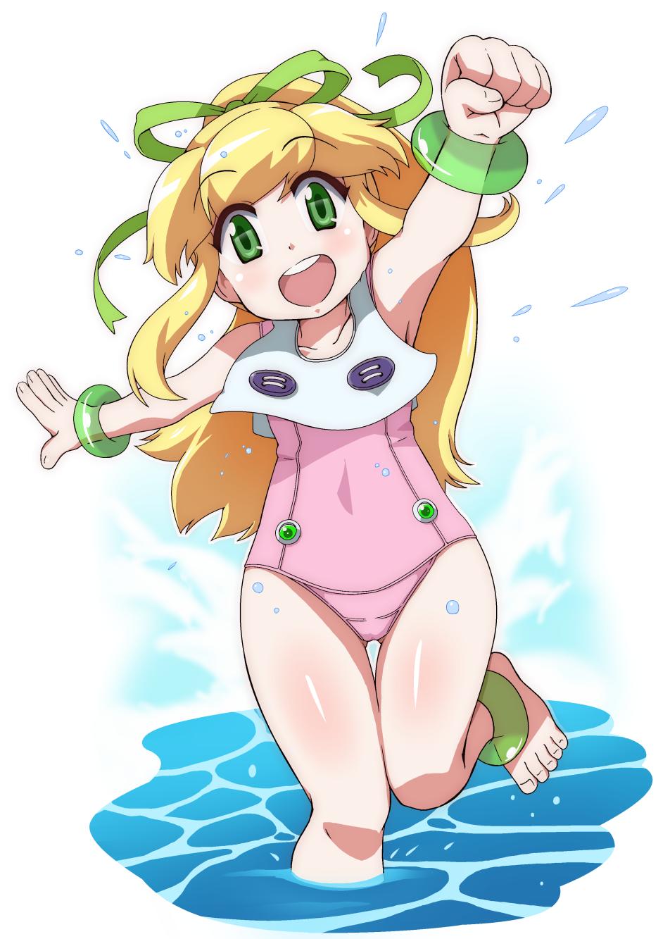 1girl barefoot blonde_hair blush feet green_eyes green_ribbon hair_ribbon highres jewelry ki_(adotadot) long_hair looking_at_viewer mega_man_(classic) mega_man_(series) open_mouth ponytail ribbon roll_(mega_man) smile solo swimsuit water