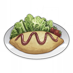 artist_request cherry_tomato commentary english_commentary food food_focus genshin_impact ketchup lettuce lowres muted_color no_humans official_art omurice plate still_life third-party_source tomato transparent_background