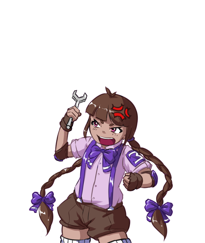 1girl ahoge anger_vein bangs blunt_bangs bow bowtie braid brown_hair brown_shorts collared_shirt commentary_request cowboy_shot david_hrusa hair_bow long_hair open_mouth pink_shirt purple_bow purple_bowtie purple_eyes rika_(touhou) shirt shorts simple_background suspenders teeth too_many tools touhou touhou_(pc-98) twin_braids upper_teeth white_background wrench