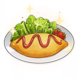 artist_request cherry_tomato commentary english_commentary food food_focus genshin_impact ketchup lettuce lowres no_humans official_art omurice plate sparkle still_life third-party_source tomato transparent_background