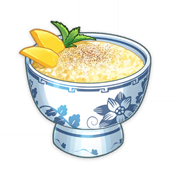 artist_request bowl commentary dessert english_commentary floral_print food food_focus garnish genshin_impact leaf lowres mango mint no_humans official_art rice rice_pudding still_life third-party_source transparent_background