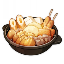 artist_request commentary english_commentary fish_(food) food food_focus genshin_impact lowres money_bag_(food) no_humans official_art pot sausage skewer still_life third-party_source tofu transparent_background