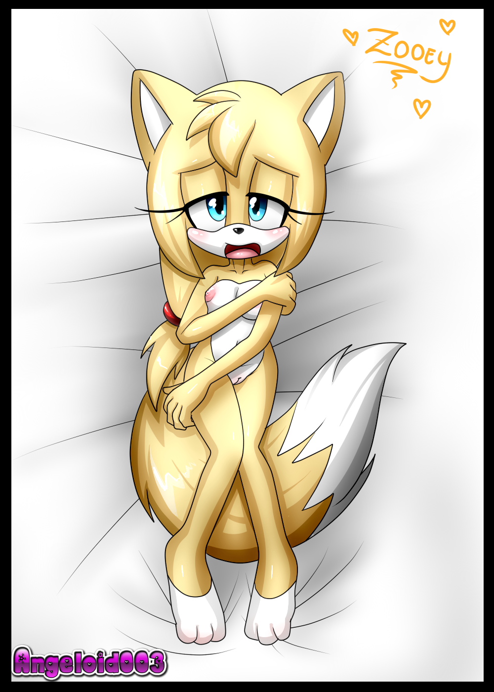 &lt;3 angeloid003 anthro bed belly bird's-eye_view black_border blue_eyes blush border breasts canid canine canis dakimakura_pose dakimakura_style digital_media_(artwork) dipstick_tail embarrassed female fox fur furniture genitals hair heart_in_signature hearts_around_text hi_res high-angle_view long_hair looking_at_viewer lying mammal markings navel nipples nude on_back on_bed ponytail pussy sega small_breasts solo sonic_boom sonic_the_hedgehog_(series) tail_markings toeless_(marking) video_games white_belly yellow_body yellow_fur zooey_the_fox