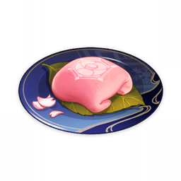 "snow_on_the_hearth"_(genshin_impact) artist_request commentary dessert english_commentary food food_focus genshin_impact leaf lowres mochi no_humans official_art petals plate still_life third-party_source transparent_background