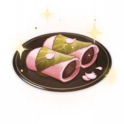 artist_request commentary dessert english_commentary food food_focus genshin_impact leaf lowres mochi no_humans official_art petals plate sparkle still_life third-party_source transparent_background