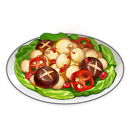 artist_request chili_pepper commentary english_commentary food food_focus genshin_impact lettuce lowres mushroom no_humans official_art plate still_life third-party_source transparent_background
