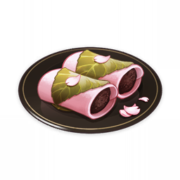 artist_request commentary dessert english_commentary food food_focus genshin_impact leaf lowres mochi no_humans official_art petals plate still_life third-party_source transparent_background