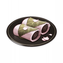 artist_request commentary dessert english_commentary food food_focus genshin_impact leaf lowres mochi muted_color no_humans official_art petals plate still_life third-party_source transparent_background