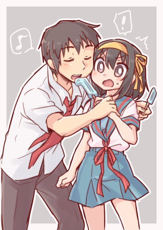 ! 1boy 1girl bangs blue_skirt border brown_eyes brown_hair brown_pants closed_eyes collared_shirt commentary_request cowboy_shot dress_shirt eating food furrowed_brow grey_background hair_ribbon holding holding_another's_wrist holding_food kita_high_school_uniform kyon medium_hair musical_note neck_ribbon necktie no_jacket open_mouth outside_border pants pleated_skirt popsicle red_neckwear red_ribbon ribbon school_uniform serafuku shirt short_sleeves simple_background skirt speech_bubble spoken_exclamation_mark spoken_musical_note standing surprised suzumiya_haruhi suzumiya_haruhi_no_yuuutsu taiki_(6240taiki) tareme uniform white_shirt wing_collar yellow_ribbon