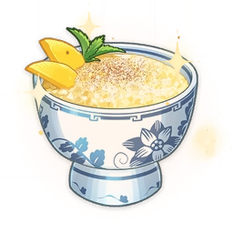artist_request bowl commentary dessert english_commentary floral_print food food_focus garnish genshin_impact leaf lowres mango mint no_humans official_art rice rice_pudding sparkle still_life third-party_source transparent_background