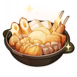 artist_request commentary english_commentary fish_(food) food food_focus genshin_impact lowres money_bag_(food) no_humans official_art pot sausage skewer sparkle still_life third-party_source tofu transparent_background