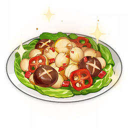 artist_request chili_pepper commentary english_commentary food food_focus genshin_impact lettuce lowres mushroom no_humans official_art plate sparkle still_life third-party_source transparent_background