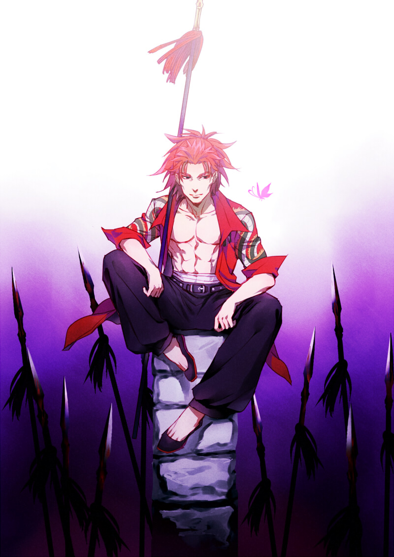 1boy abs changye chinese_clothes fate/extra fate/grand_order fate_(series) jacket li_shuwen_(fate) long_hair male_focus muscular muscular_male open_clothes open_jacket pectorals polearm ponytail red_eyes red_hair red_jacket sitting solo spear weapon