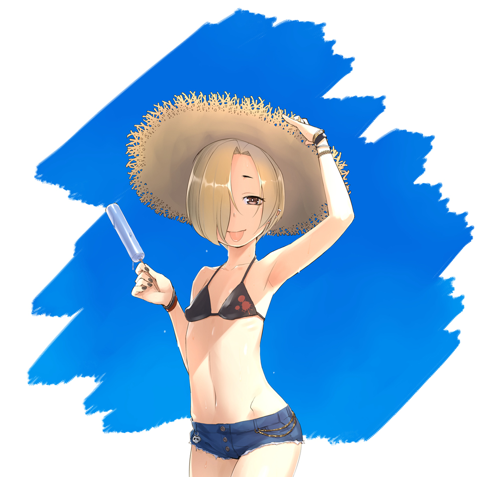 1girl armpits bikini bikini_top_only black_bikini blonde_hair blue_shorts cutoffs denim denim_shorts ear_piercing gahaku hair_over_one_eye hat idolmaster idolmaster_cinderella_girls looking_at_viewer navel piercing shiny shiny_hair shiny_skin shirasaka_koume short_hair short_shorts shorts solo straw_hat swimsuit