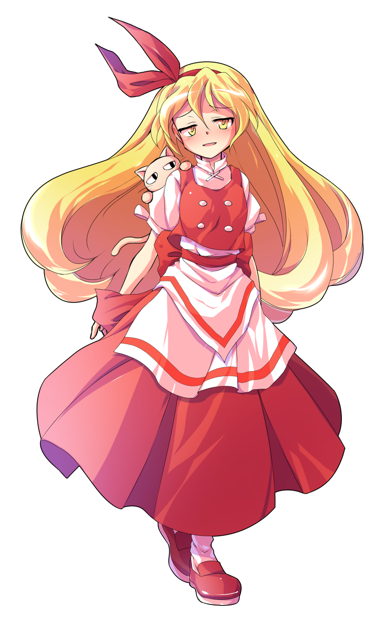1girl alphes_(style) animal animal_on_shoulder apron arms_behind_back bangs bare_arms blonde_hair blush bow breasts buttons cat closed_mouth commentary_request dairi ellen_(touhou) embarrassed eyebrows eyebrows_visible_through_hair full_body hair_between_eyes hairband highres loafers long_hair long_skirt long_sleeves looking_at_viewer medium_breasts nose_blush parody pet puffy_short_sleeves puffy_sleeves red_bow red_footwear red_hairband red_ribbon red_skirt red_vest ribbon shirt shoes short_sleeves skirt skirt_set sokrates_(touhou) solo standing style_parody tareme touhou touhou_(pc-98) transparent_background turtleneck vest waist_apron white_apron white_legwear white_shirt yellow_eyes