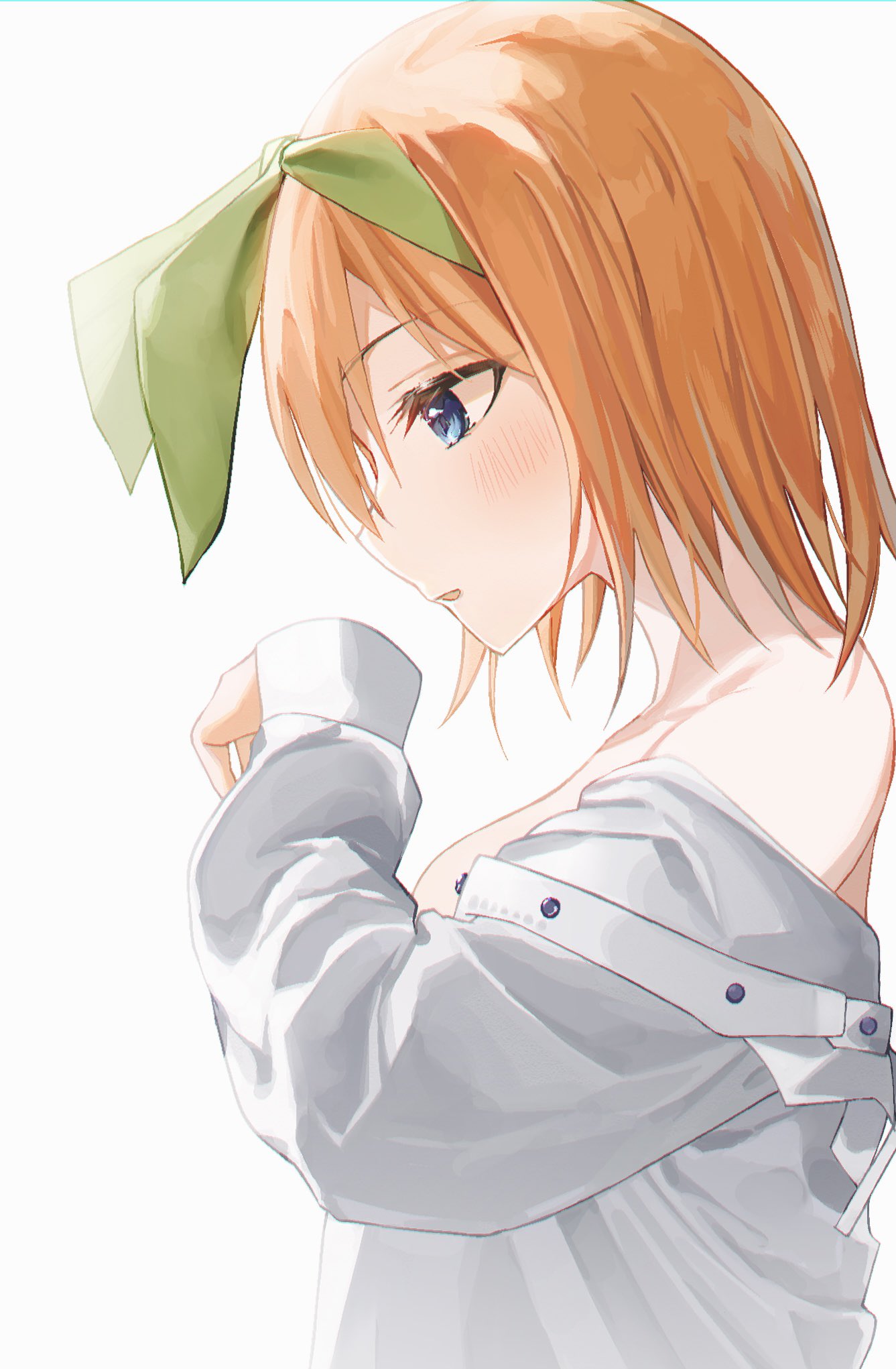 1girl bangs blue_eyes blush breasts commentary_request eyebrows_visible_through_hair go-toubun_no_hanayome green_ribbon grey_background hair_between_eyes hair_ribbon hand_up highres long_sleeves looking_away looking_down medium_breasts nakano_yotsuba nel_dcm off_shoulder orange_hair oversized_clothes oversized_shirt parted_lips profile ribbon shirt simple_background sleeves_past_wrists solo upper_body white_shirt