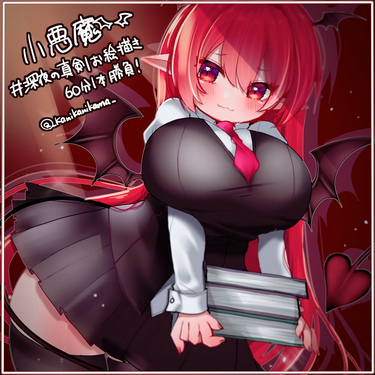 1girl :3 artist_name bat_wings black_skirt black_vest blush book book_stack bow breasts contrapposto cowboy_shot demon_tail drop_shadow dutch_angle eyebrows_visible_through_hair fang furrowed_brow hair_bow head_wings highres holding holding_book huge_breasts juliet_sleeves kanimanju koakuma light_rays long_sleeves looking_at_viewer nail_polish necktie one-hour_drawing_challenge pleated_skirt pointy_ears puffy_sleeves red_background red_eyes red_hair red_nails red_necktie shirt shortstack simple_background skin_fang skirt solo tail thighhighs touhou translation_request vest white_shirt wing_collar wings
