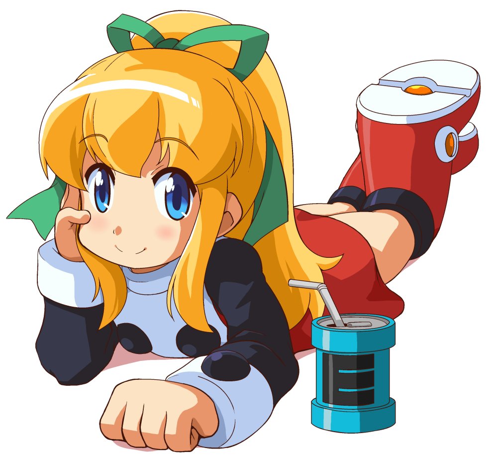 1girl blonde_hair blue_eyes blush can closed_mouth dress energy_tank full_body green_ribbon hair_ribbon ki_(adotadot) long_hair looking_at_viewer mega_man_(classic) mega_man_(series) ponytail red_dress red_skirt ribbon roll_(mega_man) simple_background skirt smile soda_can solo white_background