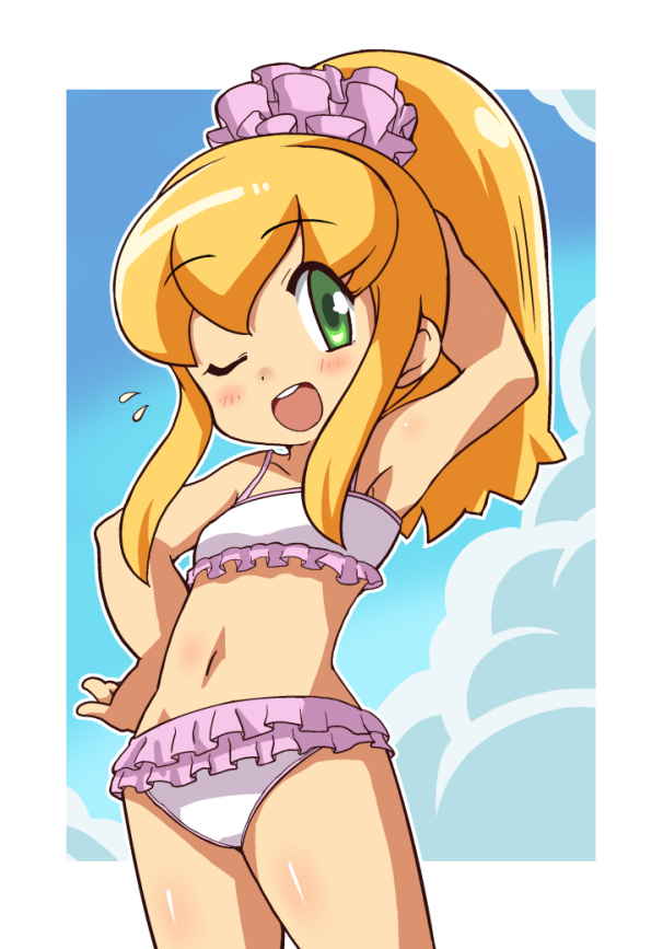 1girl armpits blonde_hair blush cloud green_eyes hair_ornament ki_(adotadot) long_hair looking_at_viewer mega_man_(classic) mega_man_(series) navel one_eye_closed open_mouth ponytail ribbon roll_(mega_man) smile solo swimsuit