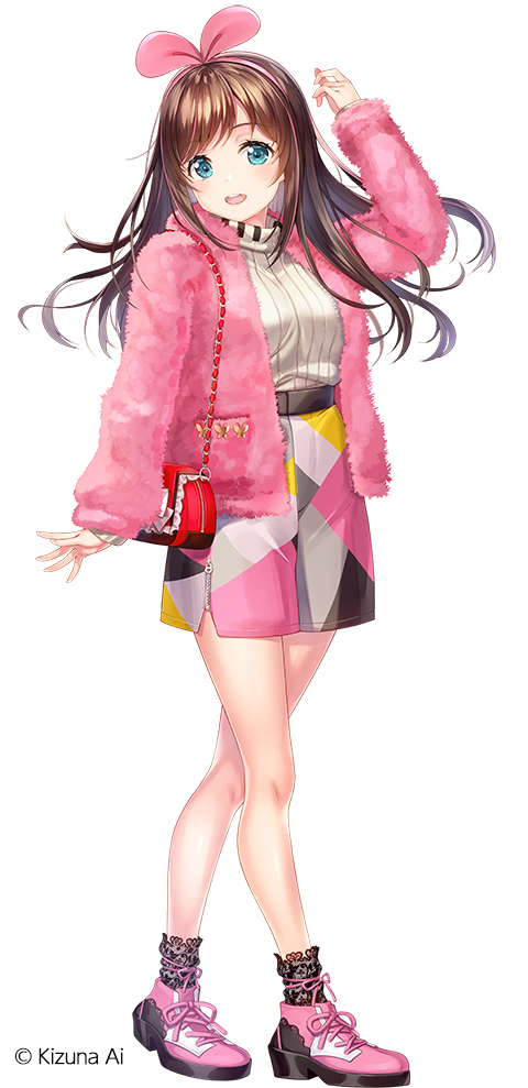 1girl bag belt black_belt blue_eyes brown_hair character_name fujima_takuya full_body fur-trimmed_jacket fur_trim hairband hand_up jacket kizuna_ai kizuna_ai_inc. legs long_hair looking_at_viewer multicolored_clothes multicolored_skirt open_mouth pink_footwear pink_hairband pink_jacket shoes simple_background skirt smile socks solo standing sweater virtual_youtuber white_background white_sweater