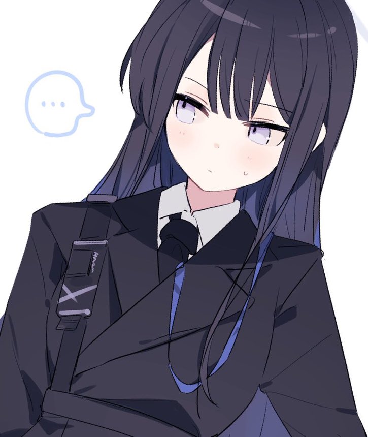 ... 1girl alternate_costume bangs black_coat black_hair black_necktie blue_archive closed_mouth coat light_blue_eyes light_blush looking_away multicolored_hair necktie saori_(blue_archive) shirt simple_background solo speech_bubble upper_body white_background white_shirt ymm007xx