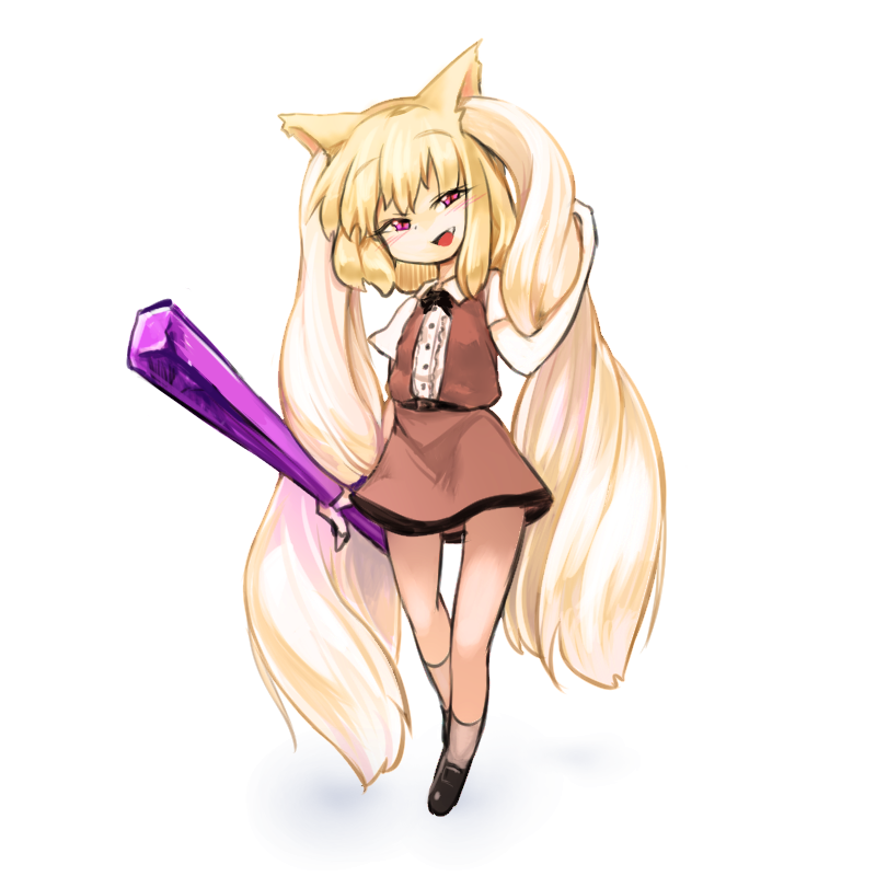 1girl animal_ear_fluff animal_ears arm_at_side arm_up bangs belt black_footwear blonde_hair blush brown_skirt buttons collared_shirt commentary_request cookie_(touhou) dot_nose eyebrows_visible_through_hair fang flat_chest full_body gesuto_(nicoseiga78479089) head_tilt holding long_hair looking_at_viewer miramikaru_riran open_mouth pink_eyes shadow shirt shoes short_sleeves simple_background skirt smile socks solo standing very_long_hair white_background white_legwear white_shirt wing_collar