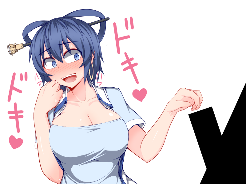 1boy 1girl :d bangs bar_censor blue_dress blue_eyes blue_hair blush breasts censored cleavage collarbone dress earrings erection eyebrows_visible_through_hair full-face_blush hair_between_eyes hair_ornament hair_rings hair_stick hand_up hoop_earrings jewelry kaku_seiga kuroba_rapid large_breasts open_clothes open_vest sanpaku short_sleeves simple_background smile solo_focus sweat teeth touhou upper_body upper_teeth vest white_background white_vest wing_collar