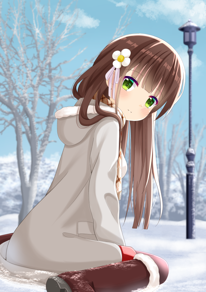 1girl bangs between_legs blunt_bangs blurry blurry_background blush boots brown_footwear brown_hair closed_mouth coat flower fur-trimmed_boots fur_trim gochuumon_wa_usagi_desu_ka? green_eyes grey_coat hair_flower hair_ornament hair_ribbon hand_between_legs highres hooded_coat long_hair looking_at_viewer matcha_(soratohana128) ribbon shiny shiny_hair smile solo ujimatsu_chiya white_flower white_ribbon winter winter_clothes winter_coat