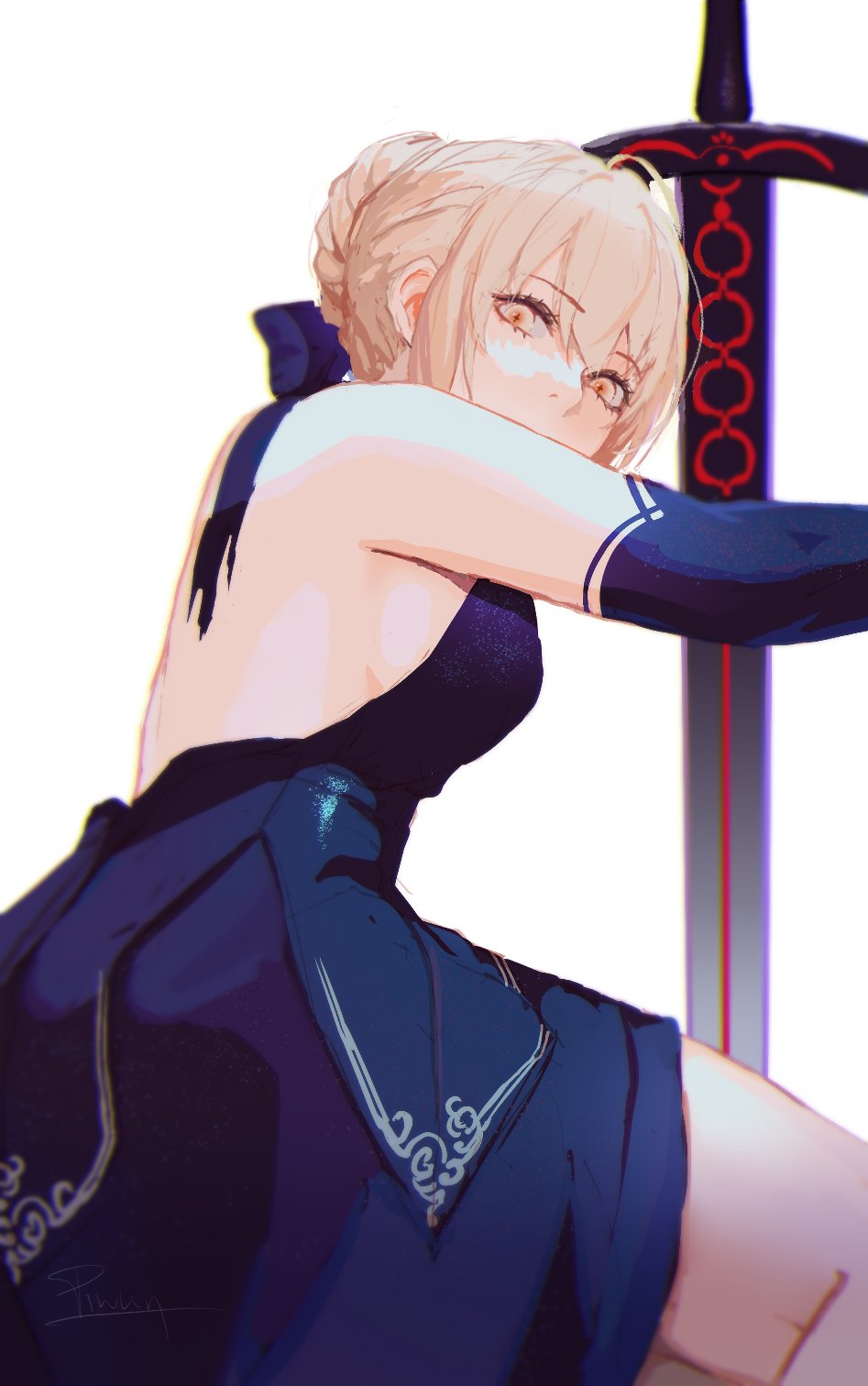 1girl artist_name artoria_pendragon_(fate) back backless_dress backless_outfit bare_shoulders blonde_hair bow braid crown_braid dress elbow_gloves fate/grand_order fate_(series) from_below gloves hair_bow hair_bun highres looking_at_viewer pinlin saber_alter signature simple_background solo sword weapon white_background yellow_eyes