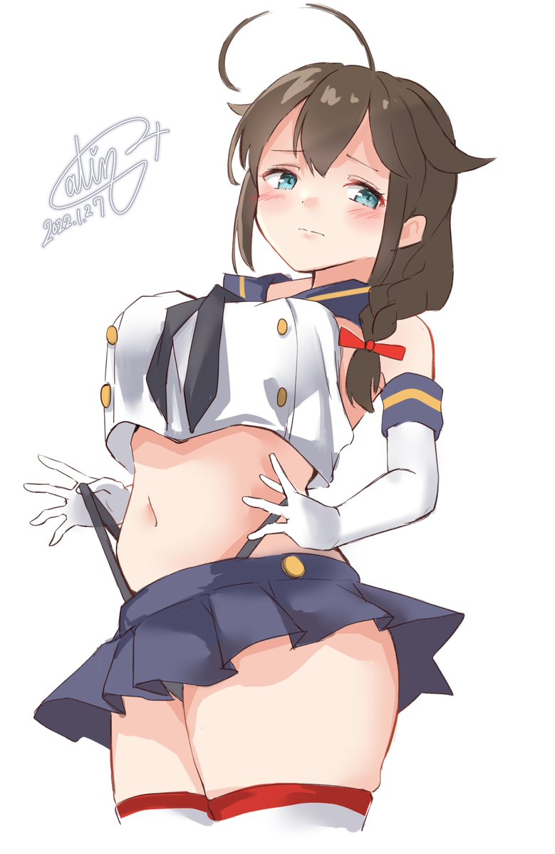 1girl ahoge black_hair black_neckerchief black_panties blue_eyes blue_sailor_collar blue_skirt braid breasts cosplay crop_top dated elbow_gloves gloves hair_flaps hair_ornament hair_over_shoulder highleg highleg_panties kantai_collection large_breasts looking_at_viewer microskirt miniskirt neckerchief one-hour_drawing_challenge panties pen_chou pleated_skirt sailor_collar shigure_(kancolle) shigure_kai_ni_(kancolle) shimakaze_(kancolle) shimakaze_(kancolle)_(cosplay) signature simple_background single_braid skirt solo striped striped_legwear thighhighs underwear white_background white_gloves