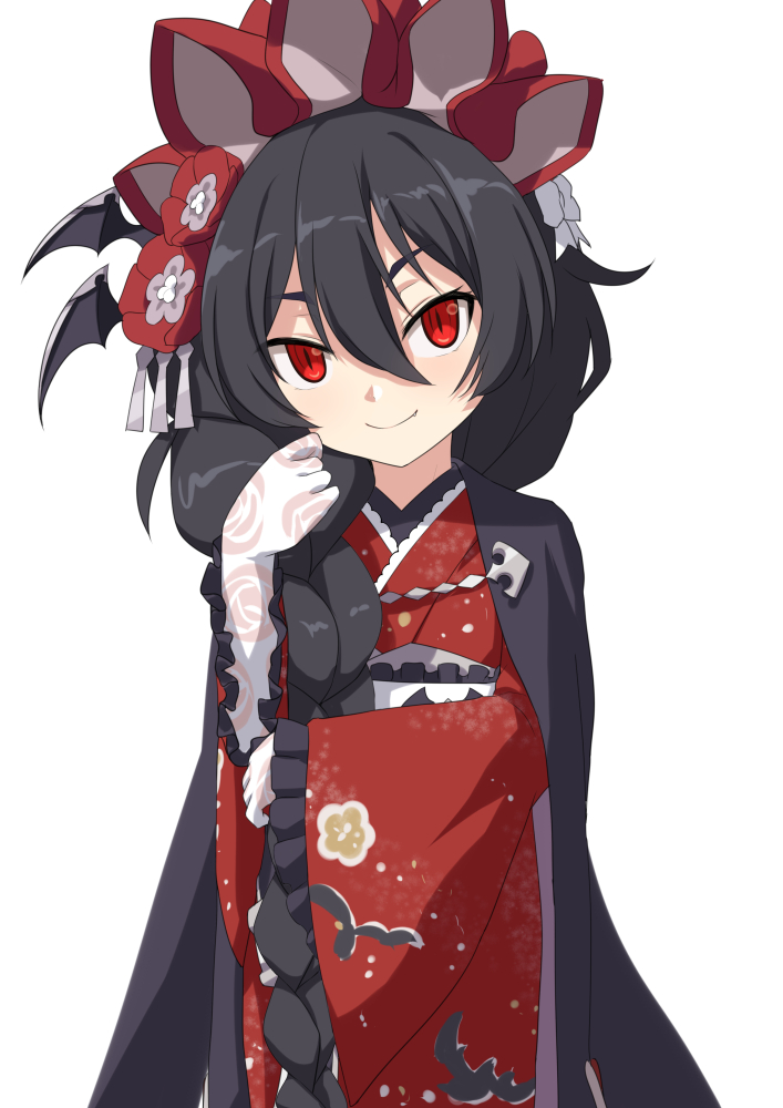 &gt;:) 1girl bangs black_hair braid closed_mouth commentary_request elbow_gloves eyebrows_visible_through_hair floral_print flower frilled_sleeves frills gloves hair_between_eyes hair_flower hair_ornament hair_over_shoulder ilya_(princess_connect!) japanese_clothes kimono long_hair long_sleeves obi princess_connect! print_gloves red_eyes red_flower red_kimono rose_print sash simple_background single_braid sleeves_past_wrists smile solo thick_eyebrows umarutsufuri v-shaped_eyebrows white_background white_gloves wide_sleeves