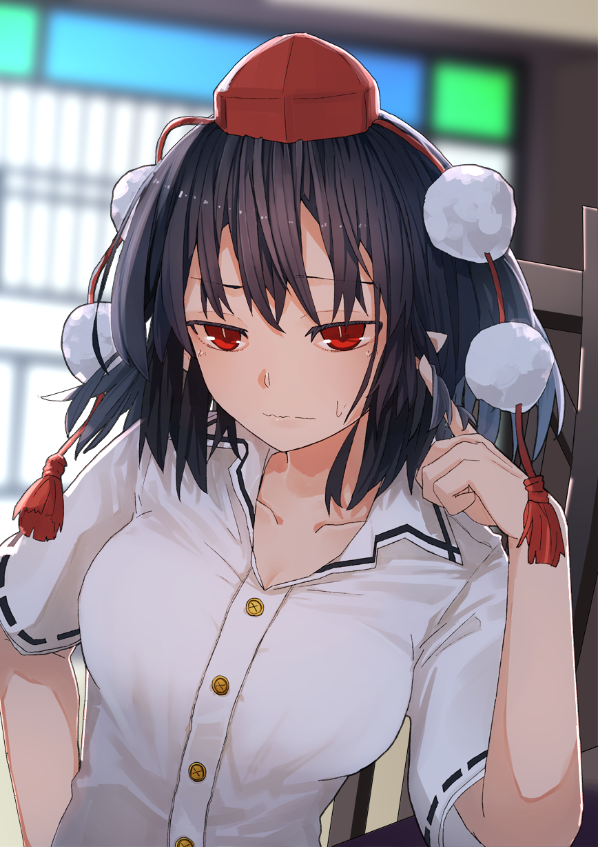 1girl black_hair blush buttons closed_mouth collarbone collared_shirt eyebrows_visible_through_hair futatsuki_eru hair_between_eyes hat highres pointy_ears pom_pom_(clothes) red_eyes red_headwear shameimaru_aya shirt short_hair short_sleeves solo tokin_hat touhou upper_body white_shirt