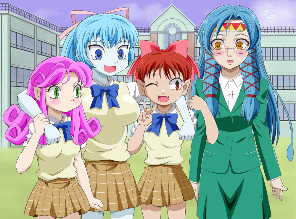 4girls aoi_(gegege_no_kitarou) blue_bow blue_eyes blue_hair blue_skin blush bow bowtie braid breasts building colored_skin curly_hair gegege_no_kitarou glasses green_eyes hair_bow hair_ribbon hands_on_another's_shoulders headband large_breasts medium_breasts miu_(gegege_no_kitarou) multiple_girls nekomusume nekomusume_(gegege_no_kitarou_5) onomekaman pink_bow ponytail purple_hair red_eyes red_hair ribbon school school_uniform smile surprised teacher teacher_and_student yellow_eyes zanbia