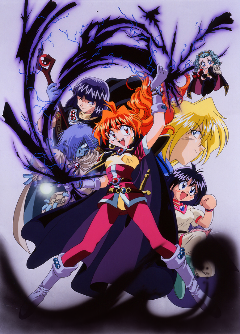 1990s_(style) 3boys 3girls amelia_wil_tesla_seyruun araizumi_rui arm_up armor bangs black_hair blonde_hair blue_eyes blue_hair blue_skin boots cape chibi choker colored_skin dagger drill_hair earrings energy_ball fingerless_gloves floating_hair gloves gourry_gabriev green_hair hair_over_one_eye headband holding holding_staff jewelry knee_boots knife lina_inverse long_hair magic martina_zoana_mel_navratilova multiple_boys multiple_girls non-web_source official_art one_eye_closed open_mouth pauldrons pink_choker pointy_ears profile purple_eyes purple_hair red_eyes red_hair retro_artstyle sheath sheathed short_hair shoulder_armor slayers slayers_next smile special_moves staff weapon wristband xelloss zelgadiss_graywords