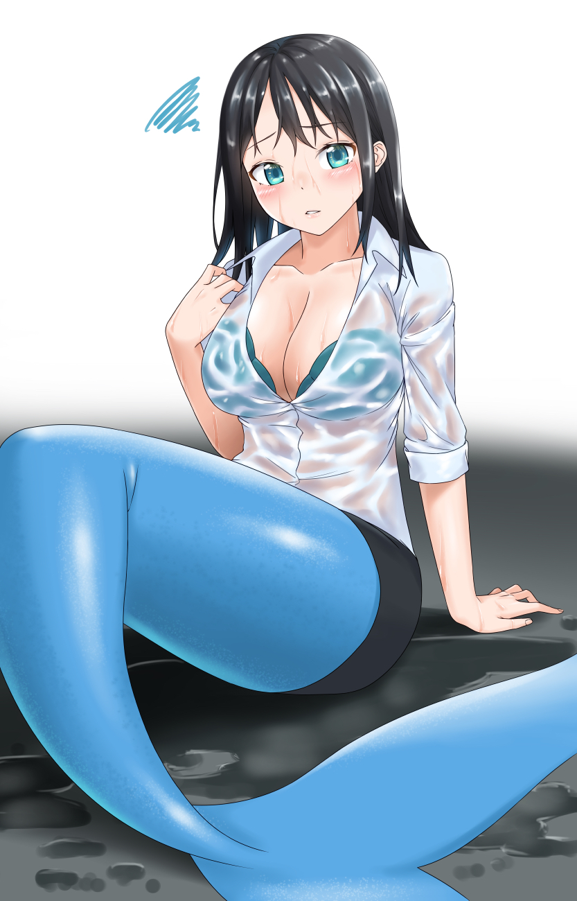 1girl bangs black_hair black_skirt blue_eyes blush bra bra_visible_through_clothes bralines breasts cleavage commentary_request commission eyebrows_visible_through_hair frown green_bra highres large_breasts looking_at_viewer mermaid monster_girl nawoto_oota original pencil_skirt see-through shiny shiny_hair shiny_skin shirt skirt sleeves_rolled_up solo squiggle underwear wet wet_clothes wet_shirt white-shirt white_background