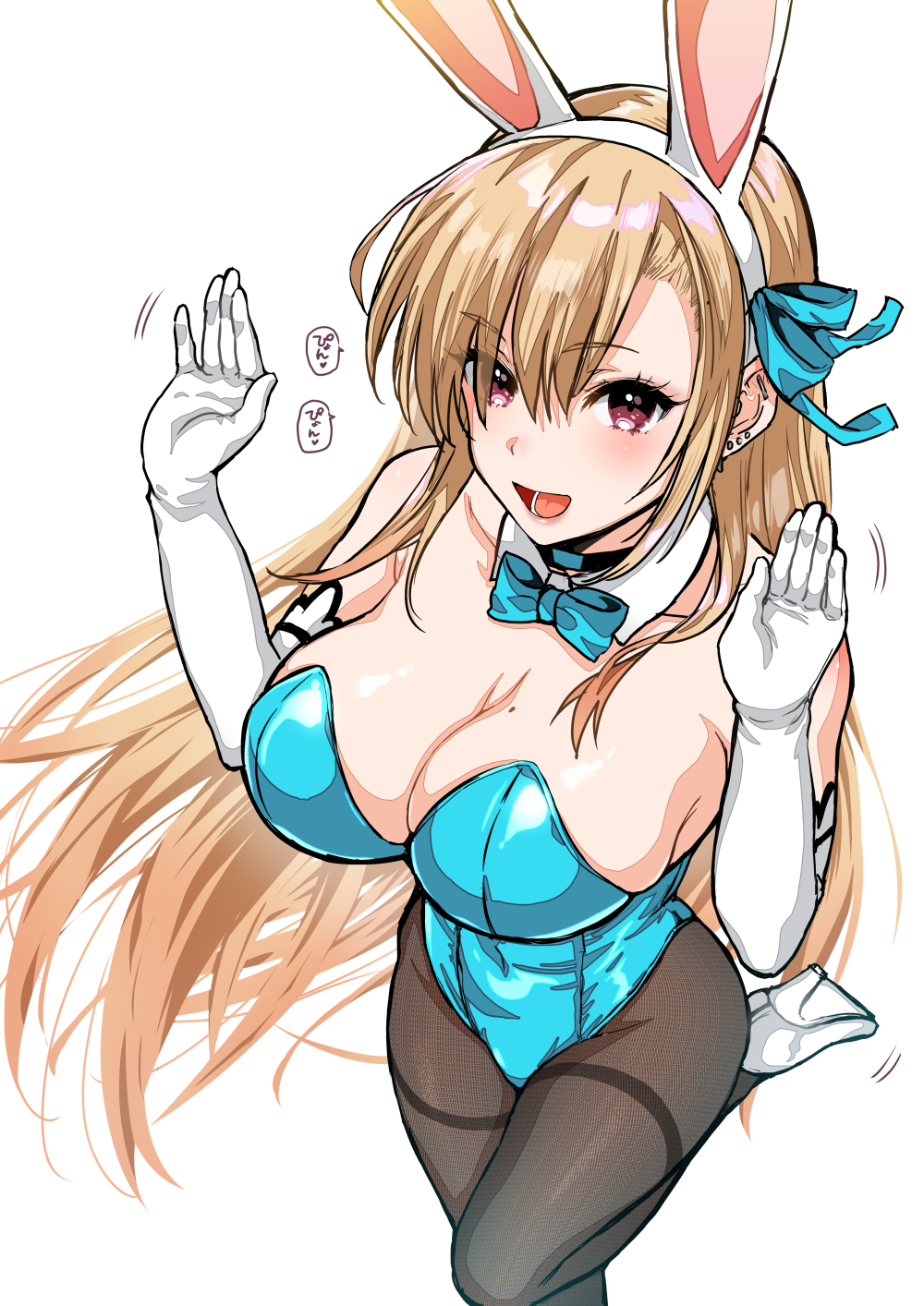 1girl animal_ears asuna_(blue_archive) asuna_(blue_archive)_(cosplay) bangs bare_shoulders blonde_hair blue_archive blue_leotard blush breasts brown_legwear cleavage cosplay detached_collar elbow_gloves fake_animal_ears gloves highleg highleg_leotard highres kitagawa_marin kojima_saya large_breasts leotard long_hair looking_at_viewer open_mouth pantyhose playboy_bunny rabbit_ears red_eyes smile solo sono_bisque_doll_wa_koi_wo_suru thighs white_gloves