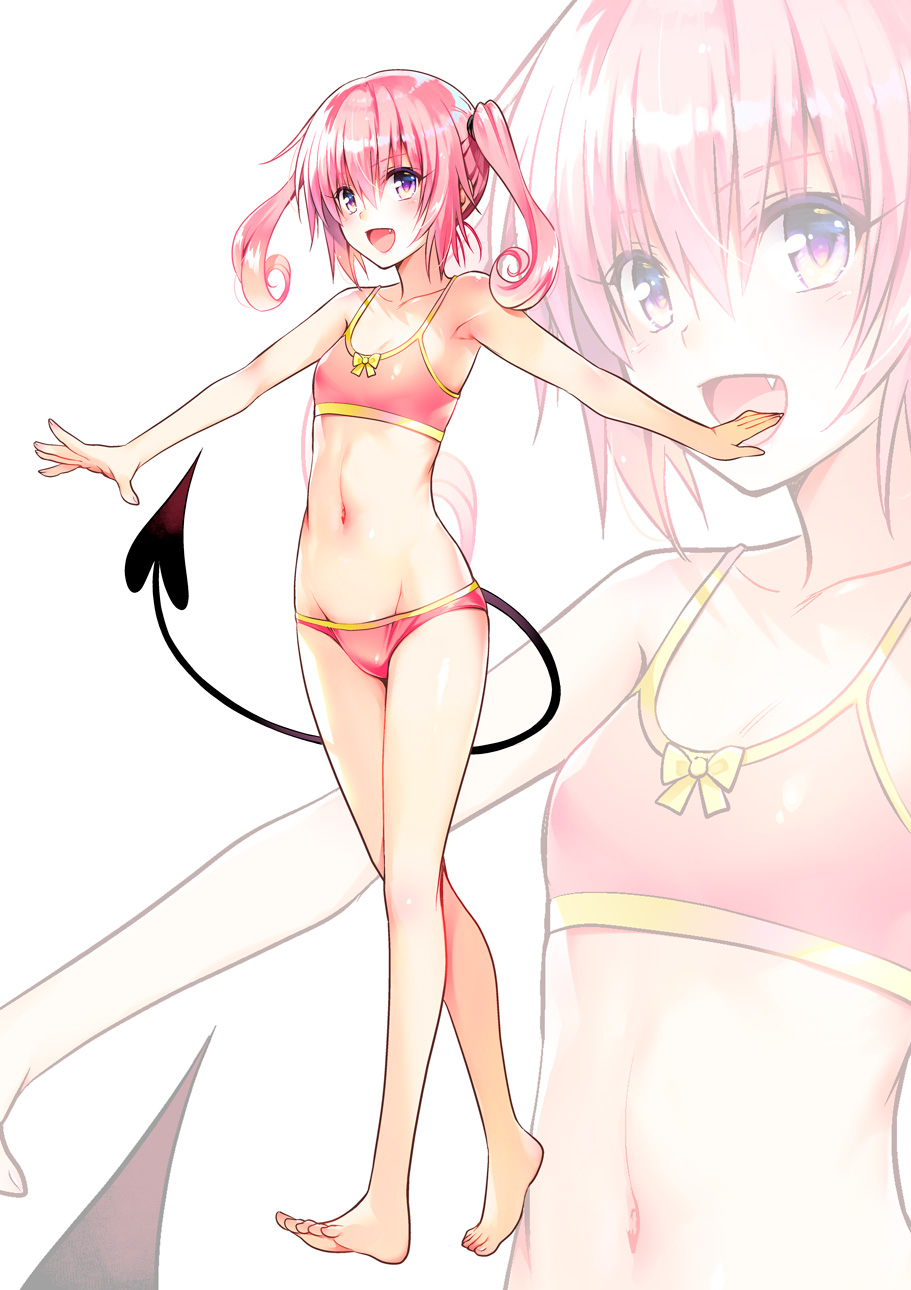 1girl :d bikini breasts commentary_request demon_tail happy highres long_hair looking_at_viewer nana_asta_deviluke navel official_art open_mouth pink_bikini pink_eyes pink_hair pink_theme small_breasts smile solo standing swimsuit tail to_love-ru twintails yabuki_kentarou zoom_layer