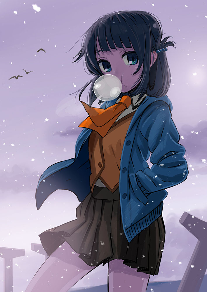 1girl bird black_hair blue_eyes bubble_blowing chewing_gum commentary_request folded_hair hair_rings hands_in_pockets hood hoodie isshiki_tarou long_hair mihama_junior_high_school_uniform nagi_no_asukara revision school_uniform shiodome_miuna skirt snow twintails