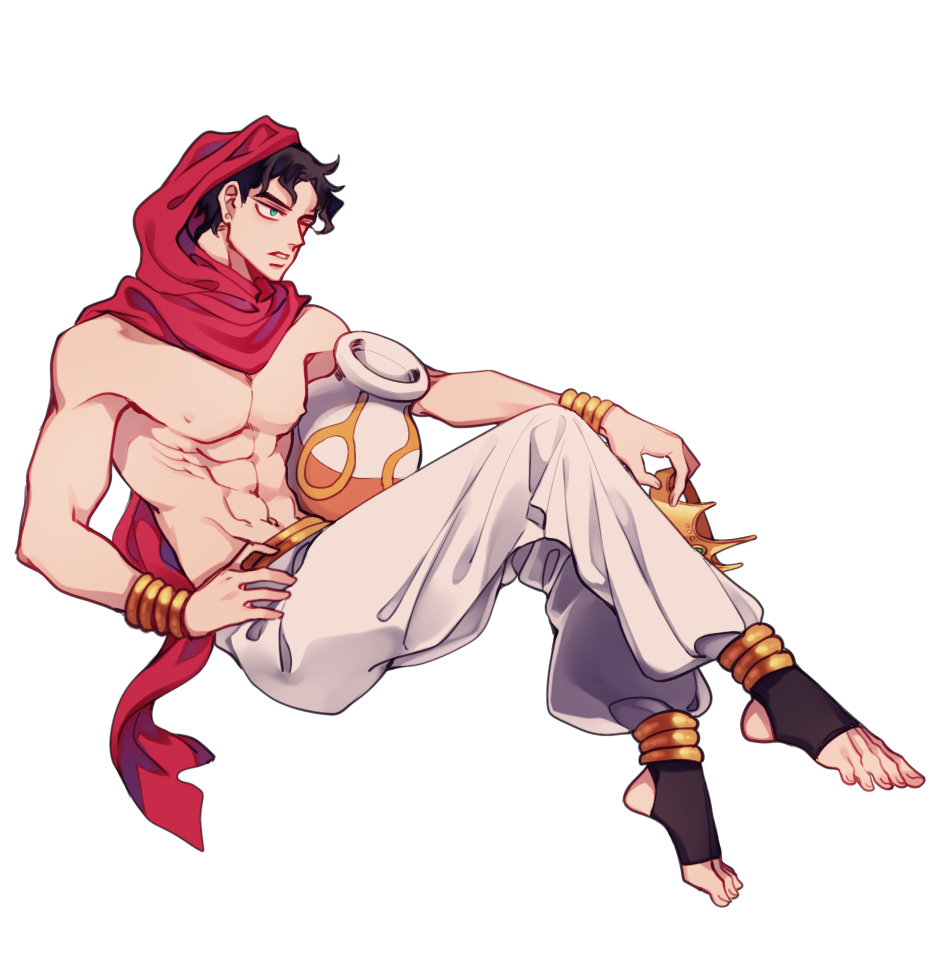 1boy aquarius black_hair bracelet crown earrings green_eyes head_scarf holding holding_crown jewelry jojo_no_kimyou_na_bouken kujo_jotaro male_focus muscular muscular_male red_scarf scarf sempon_(doppio_note) solo stardust_crusaders stirrup_legwear toeless_legwear topless_male vase