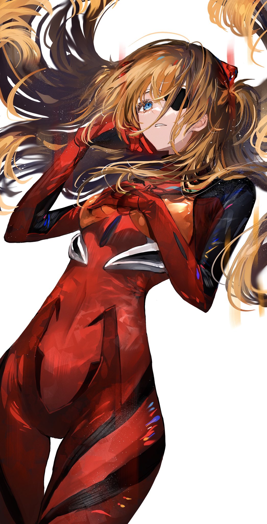 1girl bangs blue_eyes bodysuit eyepatch hairpods hand_on_own_chest highres long_hair looking_at_viewer lying multicolored_bodysuit multicolored_clothes nanaponi neon_genesis_evangelion orange_hair parted_lips plugsuit re rebuild_of_evangelion red_bodysuit solo souryuu_asuka_langley teeth thigh_gap white_background