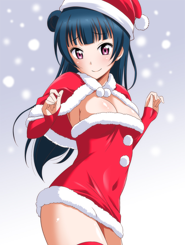 1girl bangs blue_hair breasts capelet christmas cleavage closed_mouth commentary covered_navel cowboy_shot dress elbow_gloves eyebrows_visible_through_hair fur-trimmed_capelet fur-trimmed_dress fur_trim gloves half_gloves hat long_hair looking_at_viewer love_live! love_live!_sunshine!! marugoshi_teppei medium_breasts microdress purple_eyes red_capelet red_gloves red_headwear red_legwear santa_dress santa_hat side_bun smile snowing solo standing strapless strapless_dress thighhighs tsushima_yoshiko