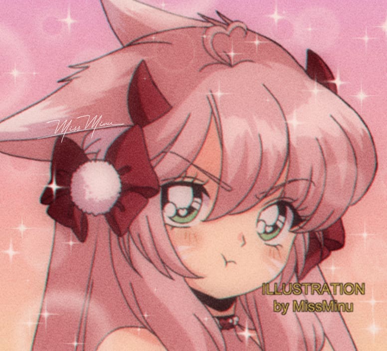 1990s_(style) 1girl :t ahoge animal_ear_fluff animal_ears bangs blush bow character_request closed_mouth collar copyright_request eyebrows_visible_through_hair film_grain green_eyes hair_between_eyes hair_bow long_hair looking_at_viewer miss_minu pink_hair portrait pout red_bow retro_artstyle sidelocks signature solo sparkle swept_bangs v-shaped_eyebrows