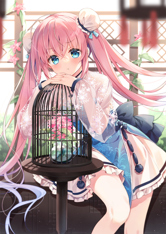 1girl :t bangs birdcage blue_dress blue_eyes bun_cover cage closed_mouth commentary_request double_bun dress eyebrows_visible_through_hair feet_out_of_frame flower frilled_dress frills hair_between_eyes interlocked_fingers long_hair long_sleeves looking_at_viewer original own_hands_together pink_flower pink_hair pout puffy_long_sleeves puffy_sleeves see-through see-through_sleeves sleeves_past_wrists solo suimya twintails very_long_hair water