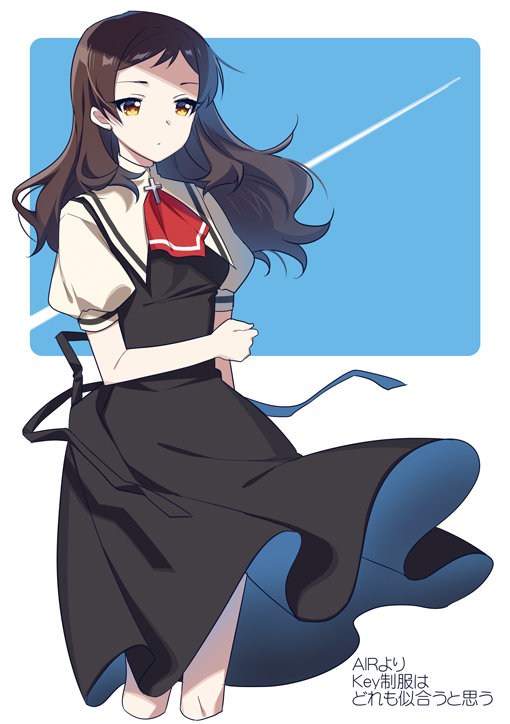 1girl air ascot black_dress black_ribbon brown_hair closed_mouth copyright_name cosplay cropped_legs dress floating_hair idolmaster idolmaster_million_live! kamio_misuzu kamio_misuzu_(cosplay) kitazawa_shiho long_hair pinafore_dress red_ascot ribbon shiny shiny_hair shirt short_sleeves sleeveless sleeveless_dress solo standing straight_hair touon white_shirt yellow_eyes