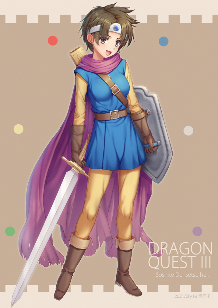 1girl 2021 :d blue_dress brown_eyes brown_footwear brown_hair cape circlet contrapposto copyright_name dated dragon_quest dragon_quest_iii dress earrings full_body holding holding_shield holding_sword holding_weapon jewelry miyai_sen open_mouth pants pants_under_dress purple_cape roto shield shiny shiny_hair shirt short_dress short_hair smile solo standing sword weapon yellow_pants yellow_shirt