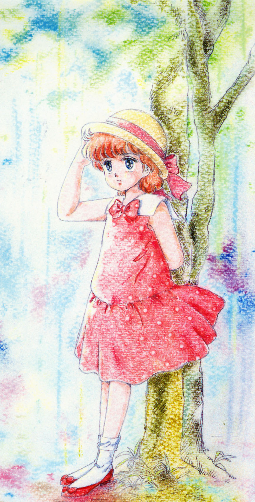 1980s_(style) 1girl against_tree arm_behind_back arm_up bangs blue_eyes dress hand_to_head highres kazuki_mai mahou_no_star_magical_emi non-web_source official_art outdoors polka_dot polka_dot_dress red_footwear red_hair retro_artstyle short_dress short_hair sleeveless sleeveless_dress smile solo standing traditional_media tree