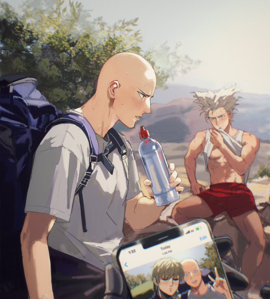 3boys abs backpack bag bald bara blush bottle clothes_lift day garou_(one-punch_man) genos holding holding_bottle holding_phone large_pectorals lifted_by_self looking_at_another male_focus multiple_boys muscular muscular_male navel nipples one-punch_man outdoors pectorals phone red_shorts saitama_(one-punch_man) shirt short_hair shorts sky spiked_hair sweat tank_top thisuserisalive water water_bottle white_hair white_shirt white_tank_top